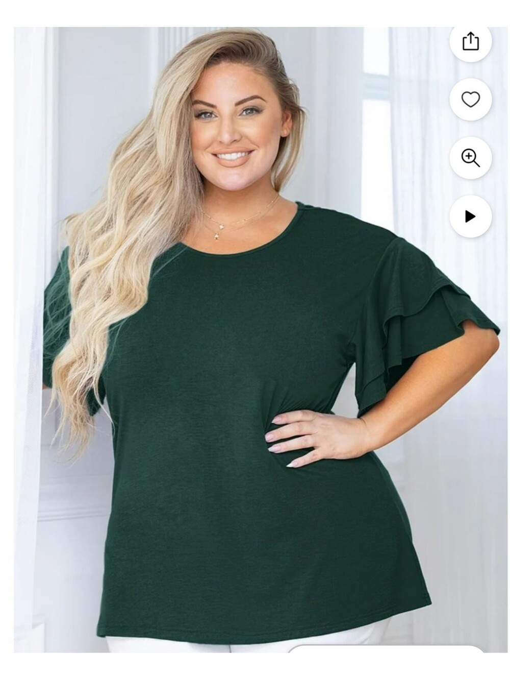 Woman's Plus Size Dark Green Double Layer Ruffle Sleeve Top